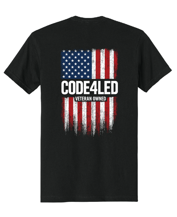 Black t-shirt with American flag and 'CODE4LED Veteran Owned' text on a white background