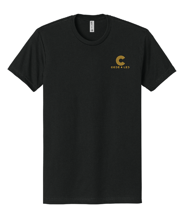 Black t-shirt with a gold logo on a white background