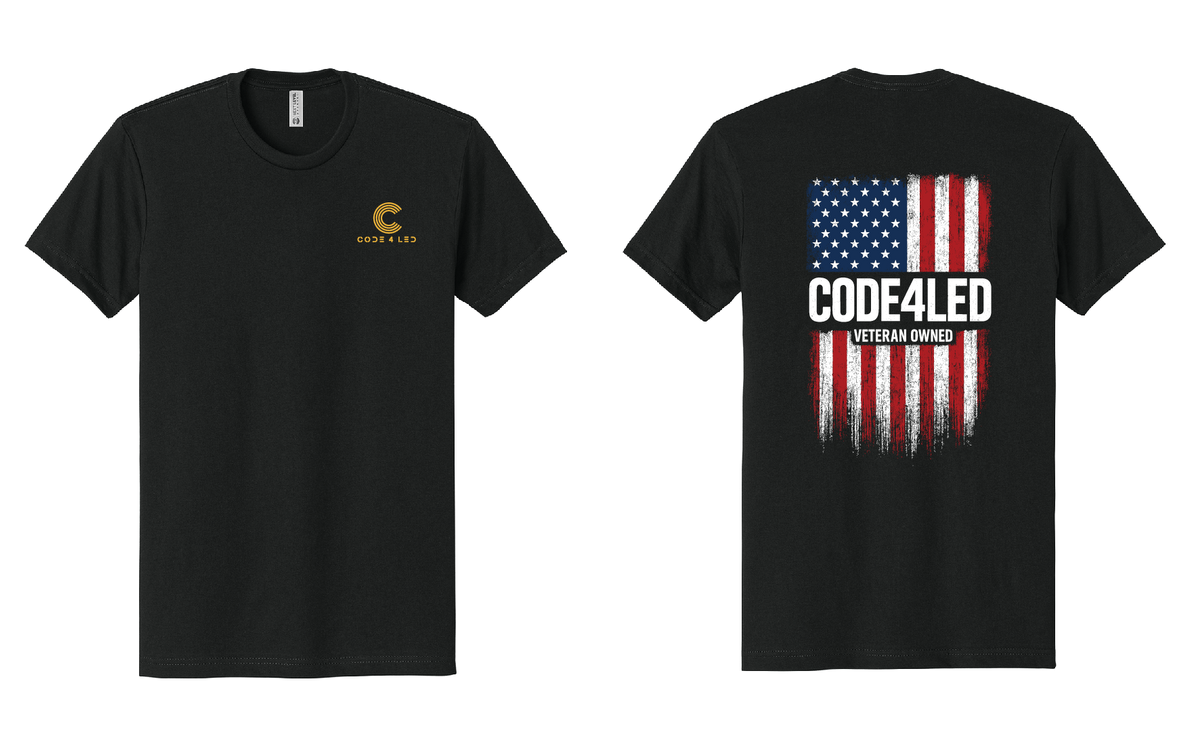 Black t-shirt with a logo on the front and an American flag graphic with text on the back, on a white background.